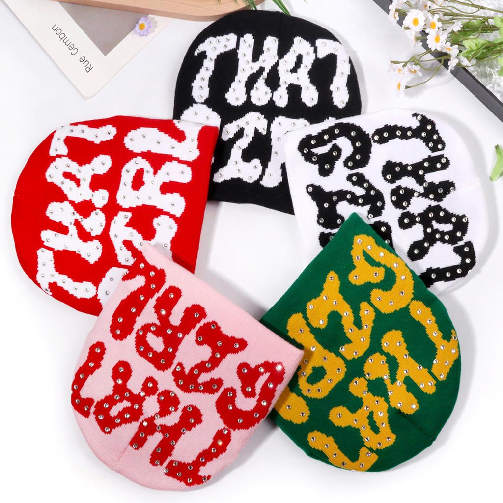 Fashion Pattern Letter Rhinestone Decoration Women Casual Warm Knitted Hat