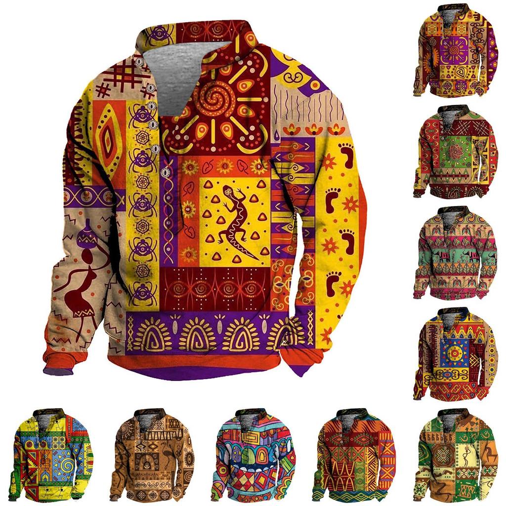 Pullover mit V-Ausschnitt für Herren, 3D-Digitaldruck, Stehkragen, 6 Knöpfe, Vintage-Kragen