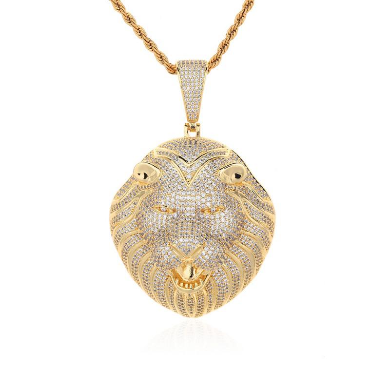 Lion Head Pendant Hip Hop Jewelry Micro Pave Zirconia Statement Necklace