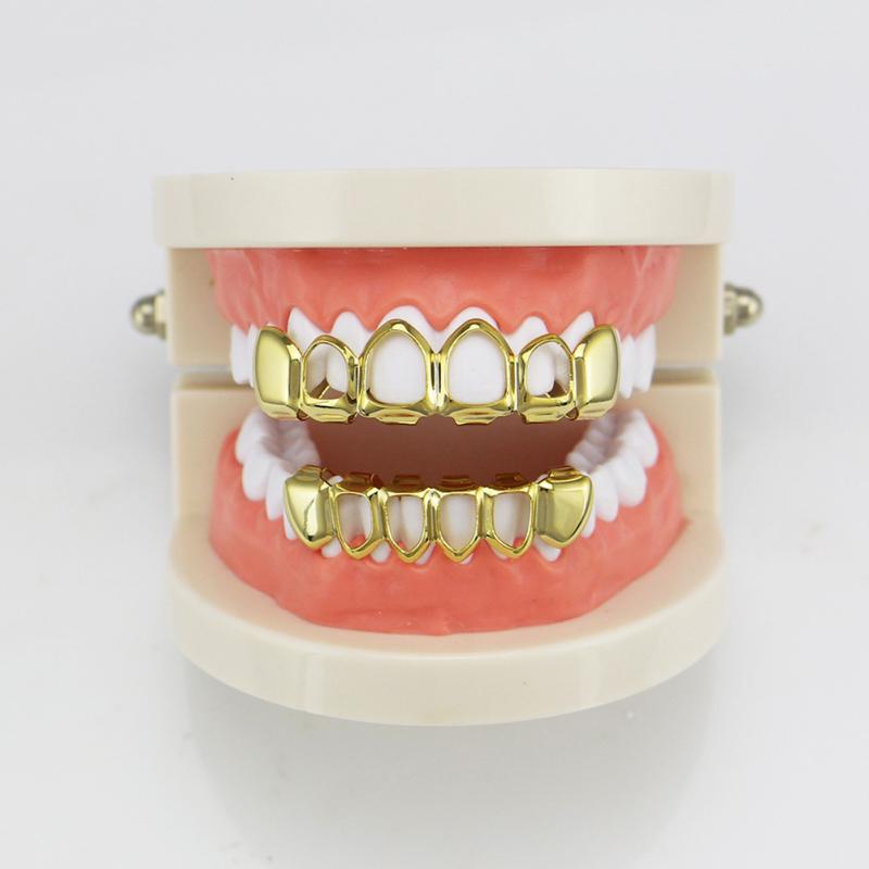 hot! Gold Electroplating Fashionable Hollow-out Teeth Grillz Set Teeth Socket Shiny False Teeth for