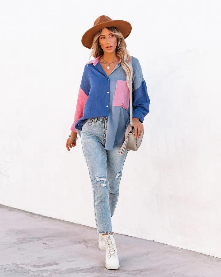 European & American Style Women's Color Block Patchwork Drop Shoulder Long Sleeve Shirt