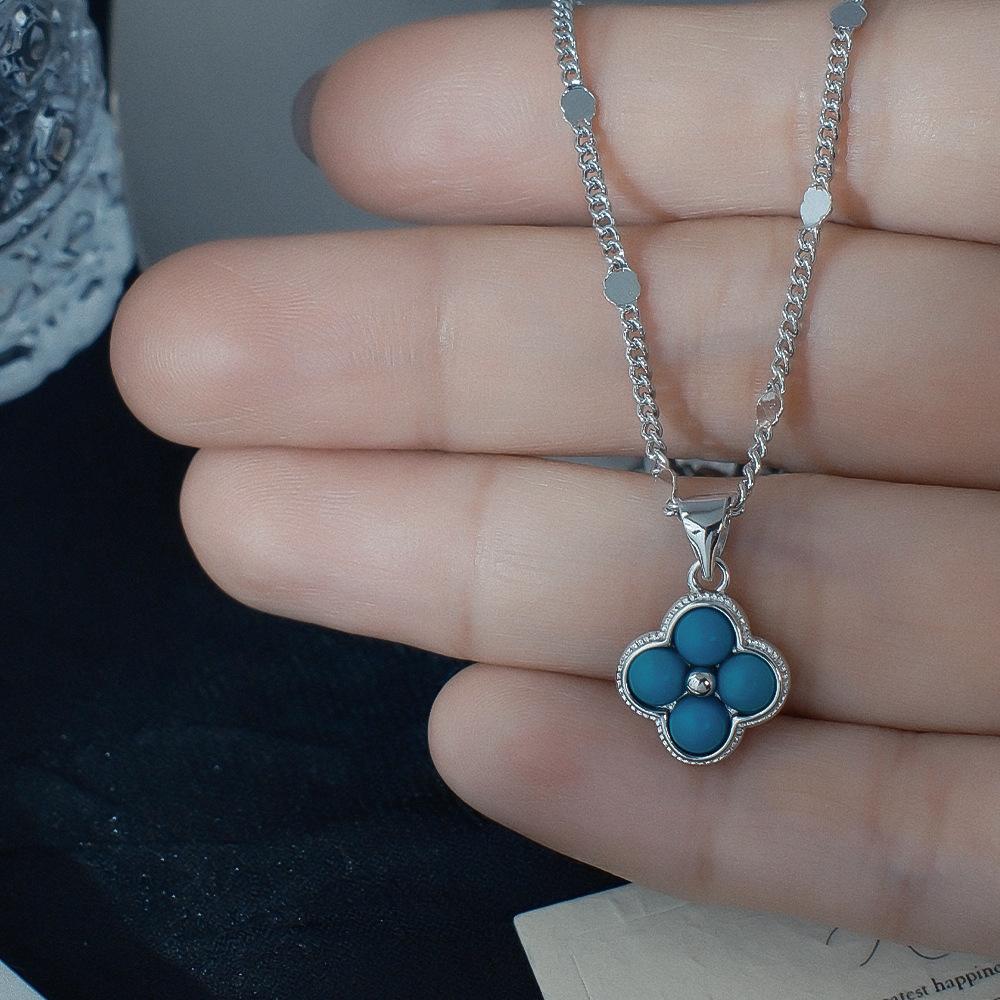 Imitation Turquoise Lucky Four Leaf Clover Copper Clavicle Chain Minimalist