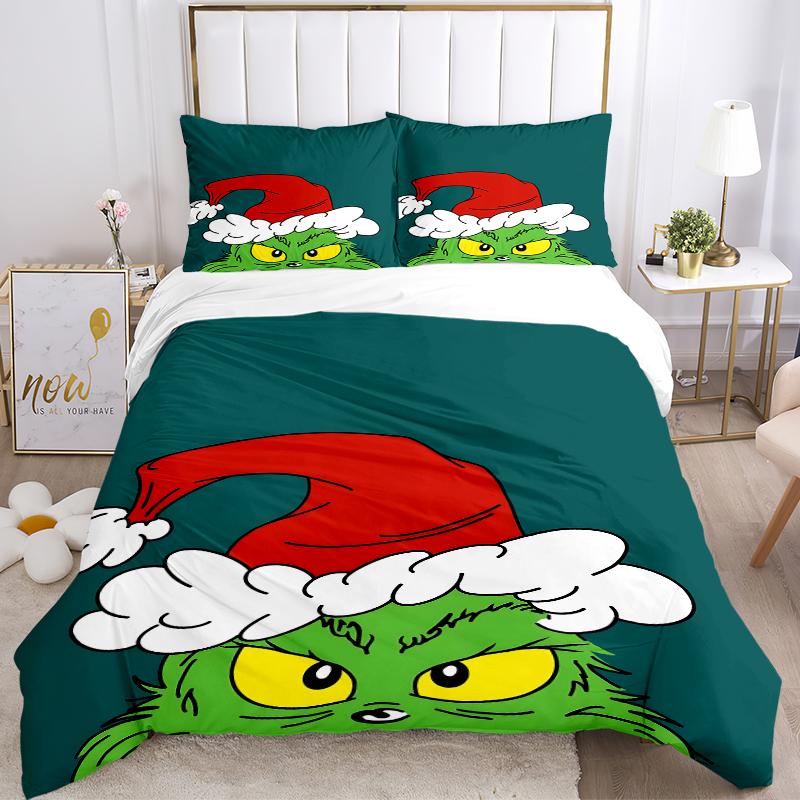 3Pcs Grinch Christmas Hat Bedding Sets For All Sizes New 3D Printed Bed Cover Comforter Duvet Cover Pillowcase Bedroom Decoration