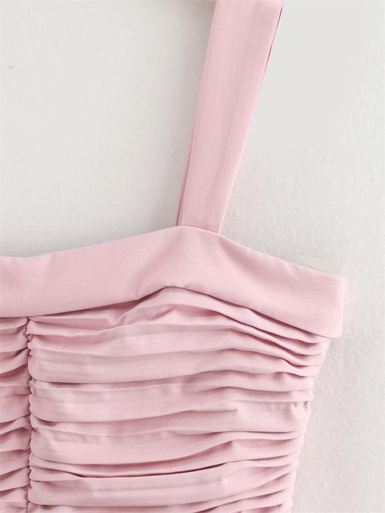 2026 Pink Draping Balloon Mini Camisole Dress - European & American Style Women's Fashion.