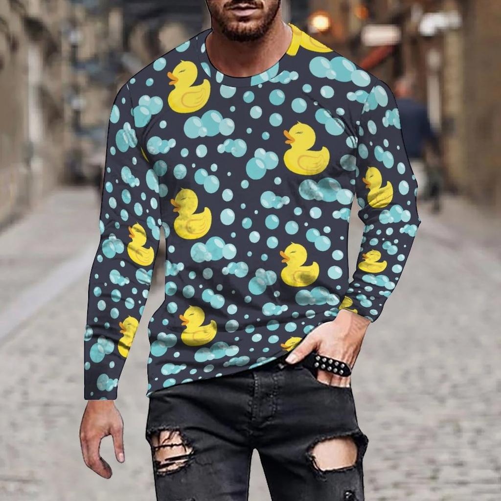 Cool Cartoon Graffiti Print T Shirt For Men Skull Robot Pattern Tees Autumn Casual Long Sleeves O-Neck Tops Loose T-Shirts