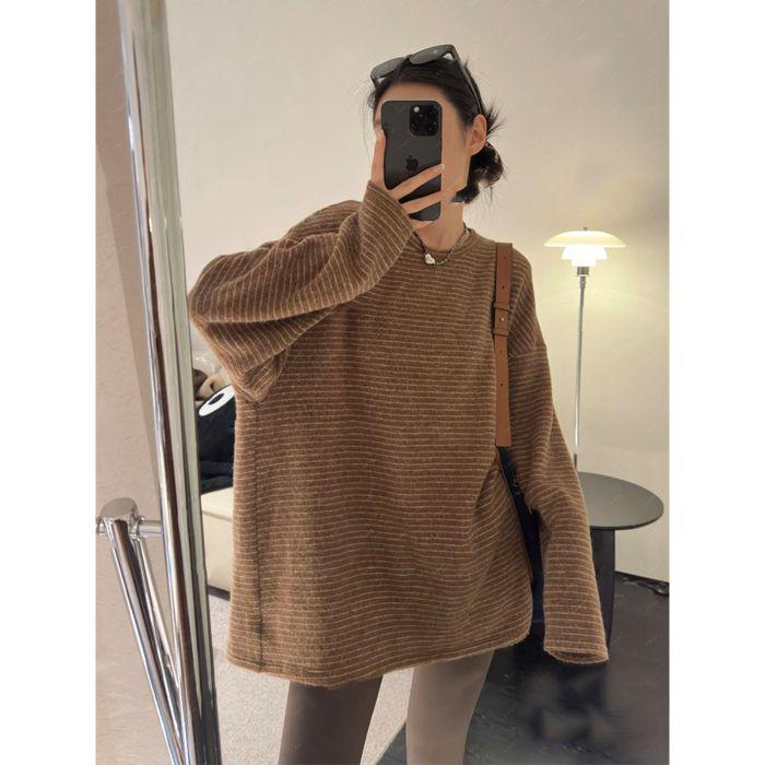 Women's Korean-Style Striped Loose Round Neck Pullover – Autumn/Winter Mid-Length Casual Top
