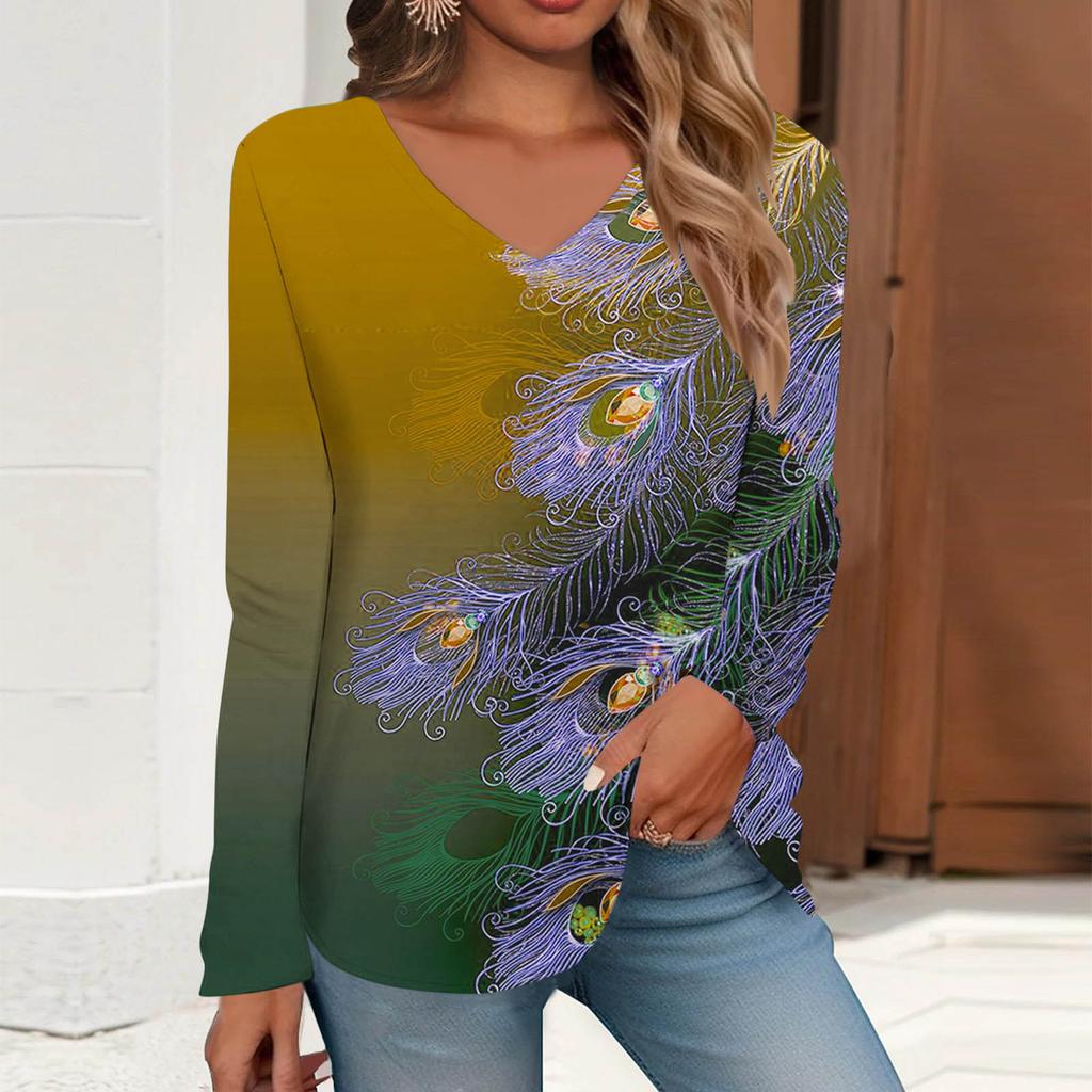 Autumn Women's 3D Printed V-Neck Long Sleeve T-Shirt