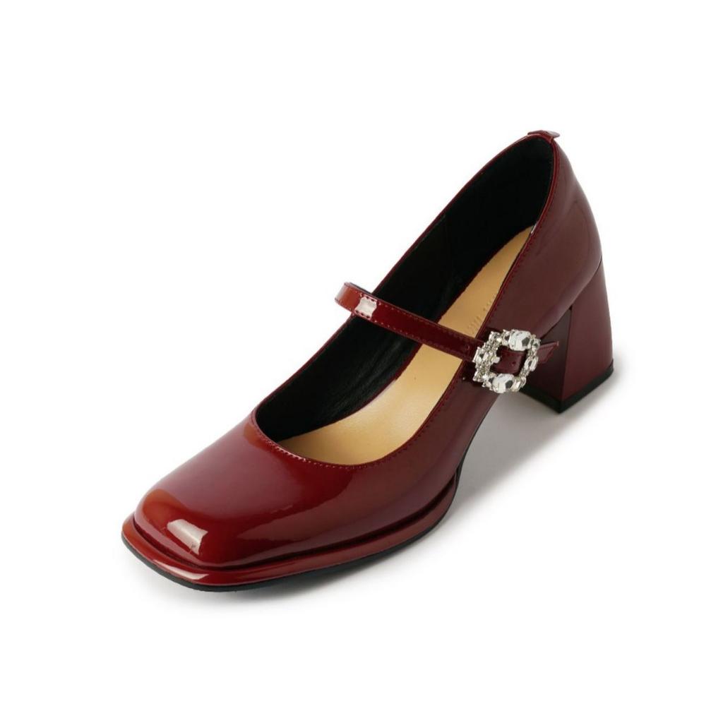 Spring 2025 French patent leather square head thick heel high heels women's one-button Mary Jane shoes Korean version of all-match single shoes