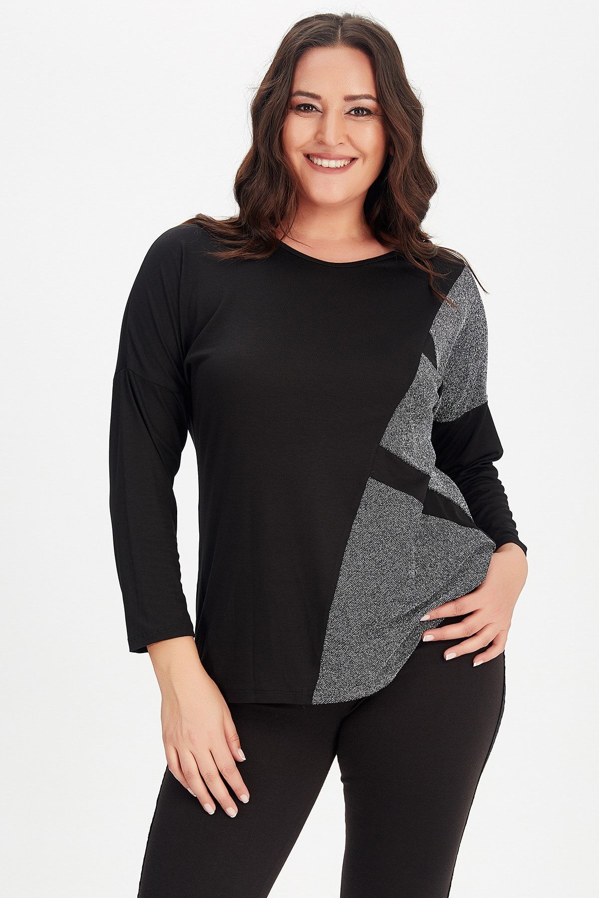 

Women s Big Size Blouse Black Glitter Detailed Plus Size Long Sleeve Blouse M/L