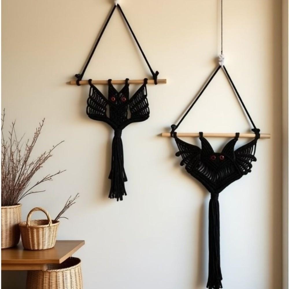 Seasonal Handmade Bat Tapestry Woven Bat Pattern Halloween Wall Hanging Macrame Decor Halloween Party
