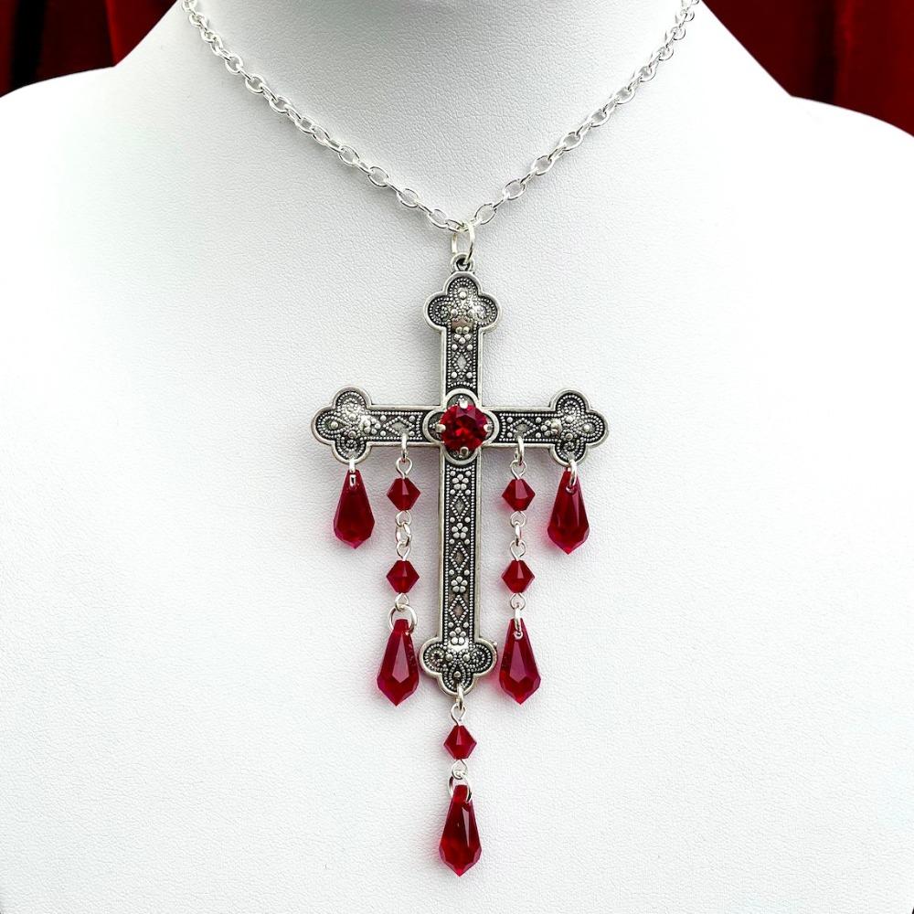Übertriebener Punk Dunkles Kreuz Blutstropfen Quasten Anhänger Samt Halskette für Damen Halloween Gothic Charme Halsband Schmuck Geschenk
