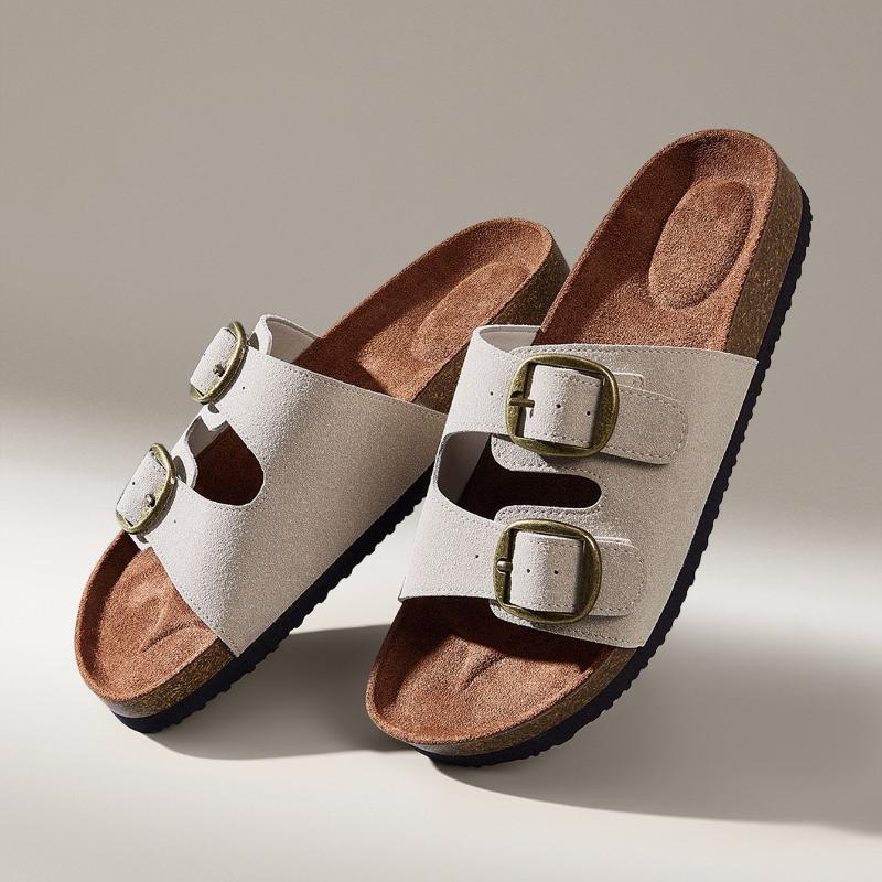 Fashion 2025 women's rhinestone metal buckle sandals with double straps and slip covers, comfortable casual shoes