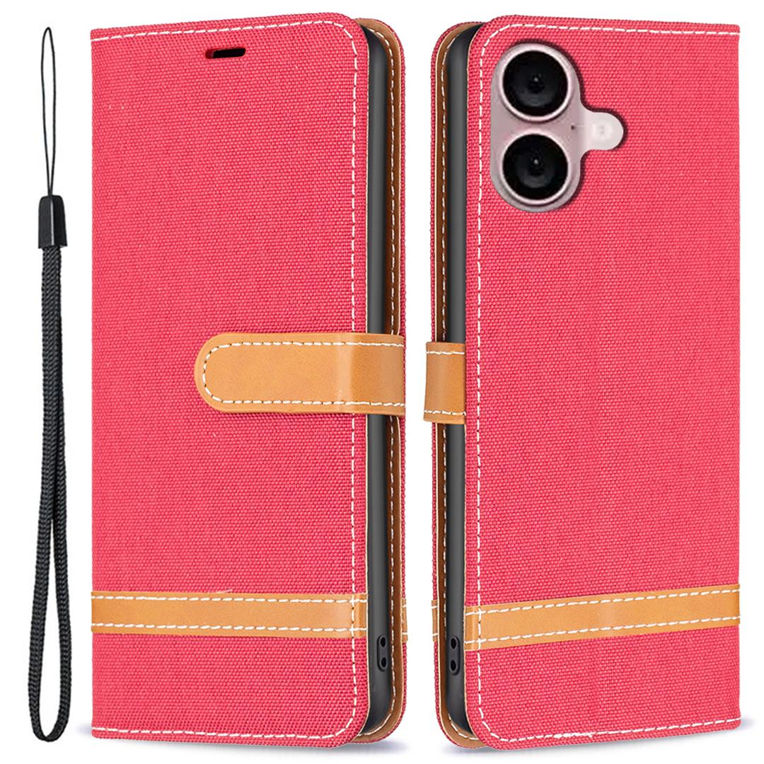 

For iPhone 16 Leather Wallet Case Jeans Cloth Texture Protective Cover F