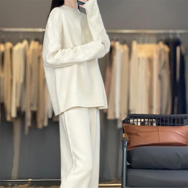 

2026 A/W Pure Wool Knit Twist Pattern Sweater & High-Waisted Wide-Leg Pants Set XL белый