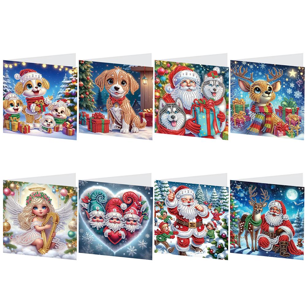 8Pcs Christmas Diamond Handmade Card Rhinestone Painting Card Kit Diamond Painting Greeting Card for Holiday Party Favors