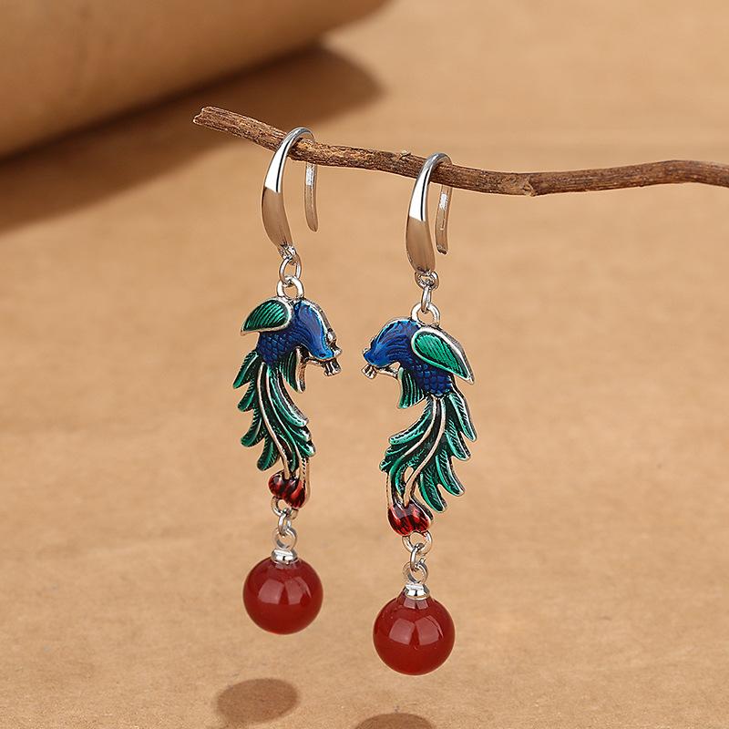 

Серьги с эмалью Flow Su из красного агата и Феникса, женские серьги в стиле ретро