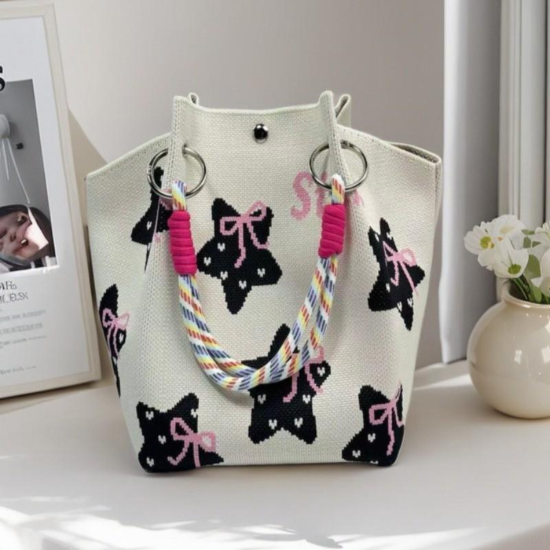 New Leopard Star Knitted Tote Bag for Women Large Capacity Bucket Bag Versatile Handbag for Commute Work and Daily Use