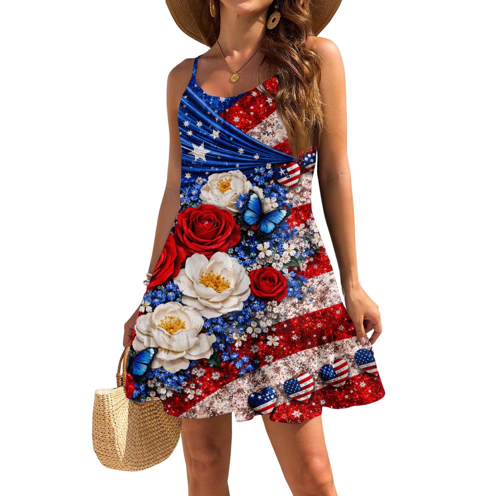 

Women s Sleeveless Sling Loose Casual Elegant Beach Independence Day Printed Dress XL