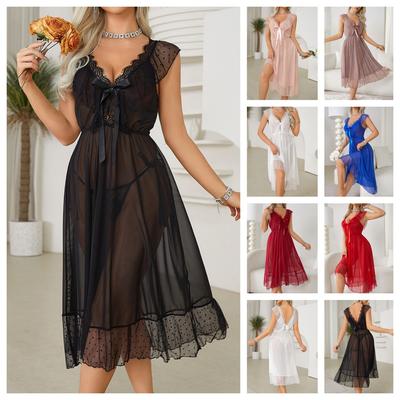 Großgröße Gepunkteter Netz-Nachthemd Durchsichtige Spitze V-Ausschnitt Mehrfarbig Sexy Damen-Loungewear 666 Inklusiv Flirty Nachtwäsche Entworfen für Kurvige Körperformen