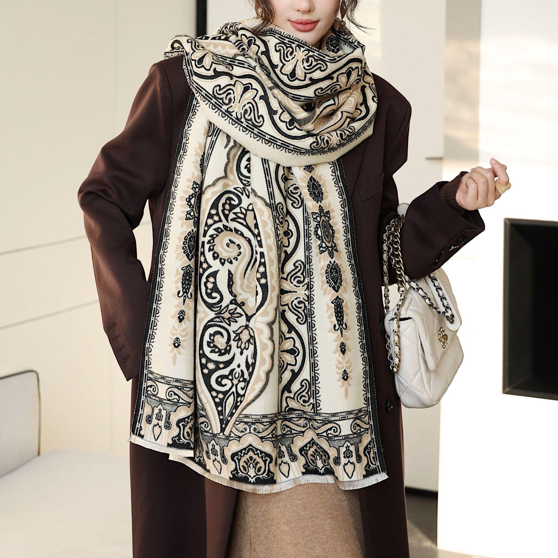 

Женский винтажный шарф-жаккард с цветочным узором - Толстая ветрозащитная шаль из искусственного флиса, Мягкий теплый зимний шарф с ботаническим принтом для повседневной носки и путешествий 180x65cm