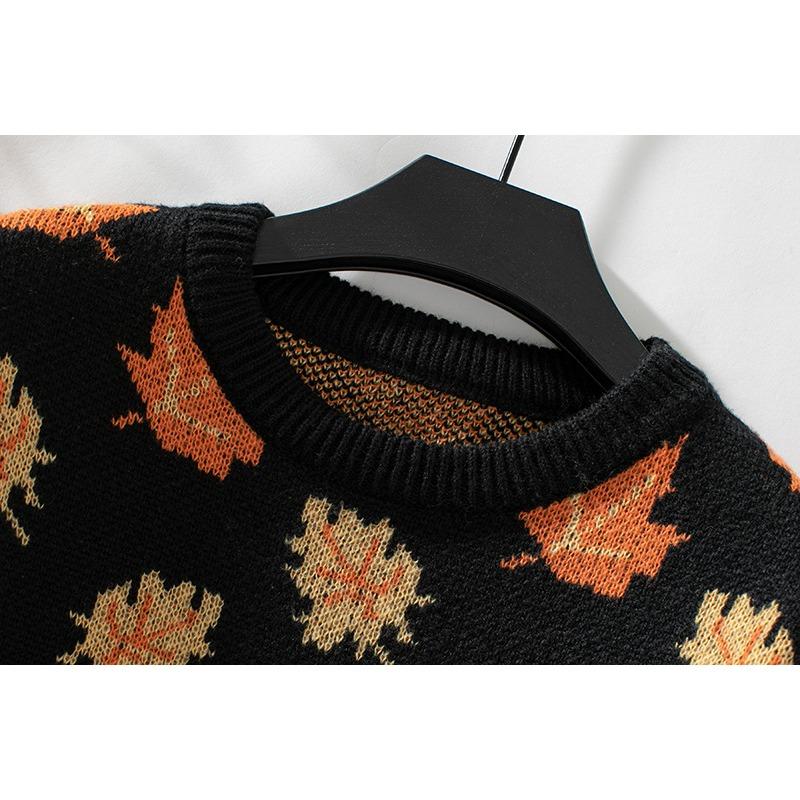 Damen S Locker Sitzend Langarm Rundhals Ahornblatt Jacquard Strickpullover