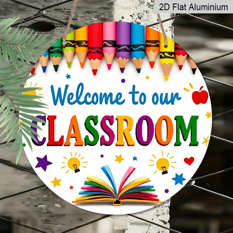 2D Plat Hangend Ornament, 1 stuks Yanlin Welkom op Onze Klaslokaaldeur - Kleurrijke Kleurpotlood En Schooldecoratie, Met Letters, Sterren En Licht