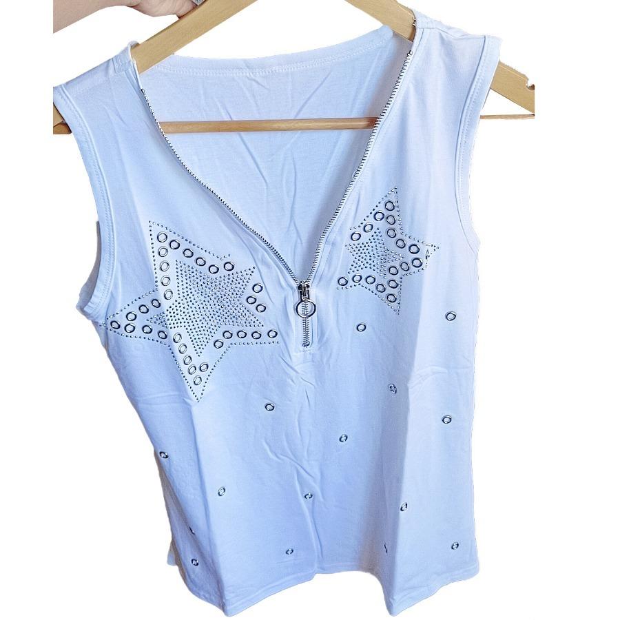 Dámské léto Bavlna Tričko se zipem a výstřihem do V Jednobarevná Flitrovaná vesta Černá Bez rukávů Tenká trička velké velikosti