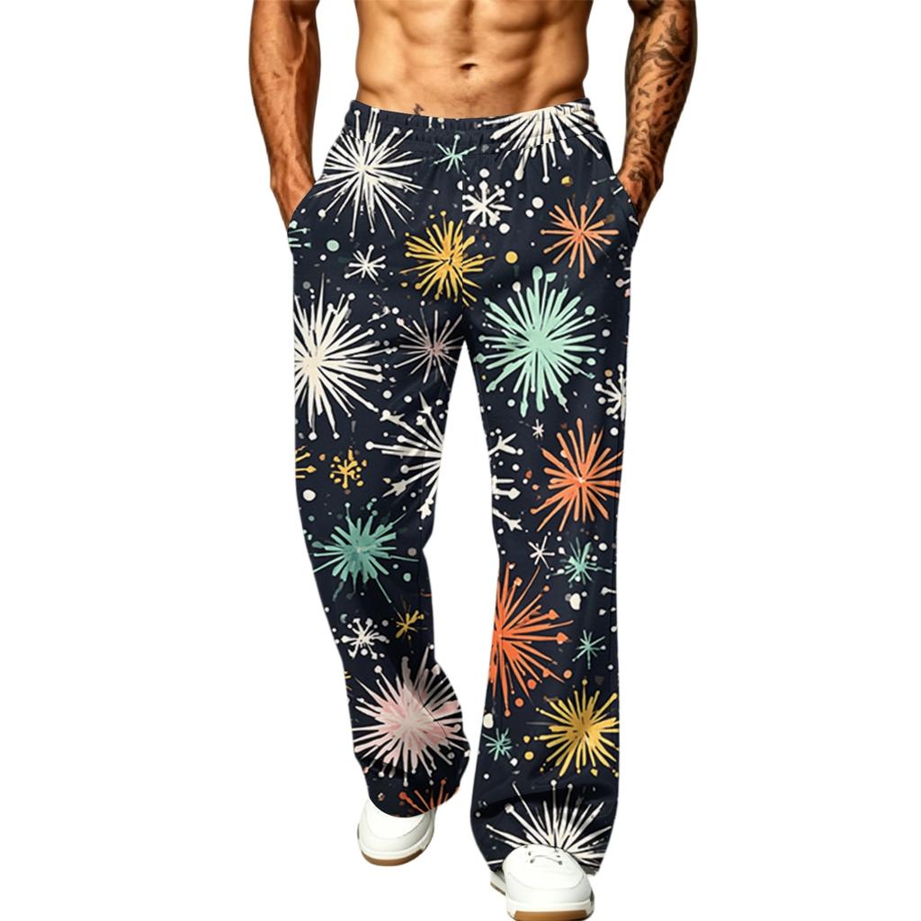 Men's Fashion Casual Loose Fit Wide Leg Christmas Print Sports Pants with Pockets