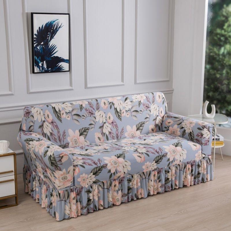 Floral Digital Print Elastic Sofa Cover with Ruffled Hem - Stretchy One-Piece Design, Adjustable Straps  Couch Covers for Sofa