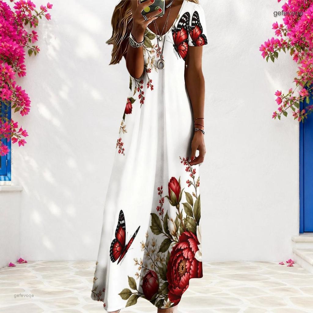 Women Plus Size V Neck Short Sleeve Floral Butterfly Print White Straight Long Dress