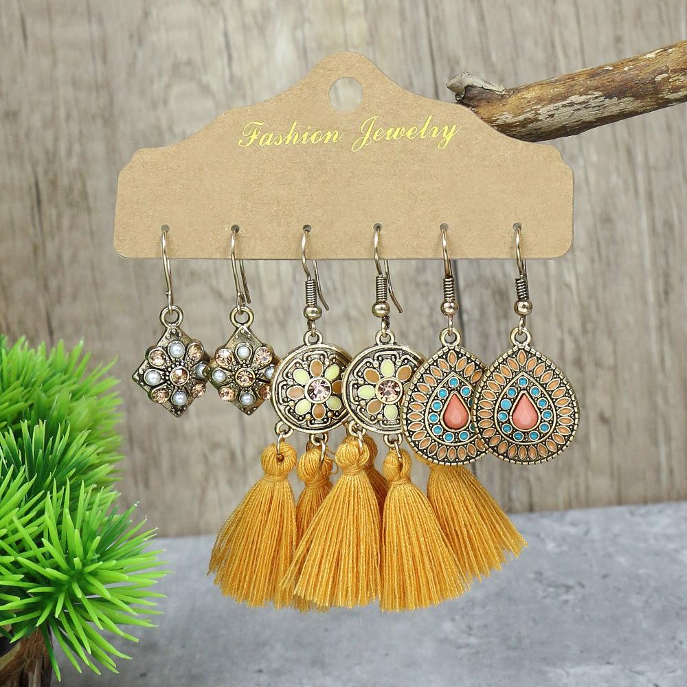 Bohemian Ethnic Style Earrings Set for Women Creative Retro Drop Oil Rhinestoen Water Drop Tassel Earring Female Jewelry