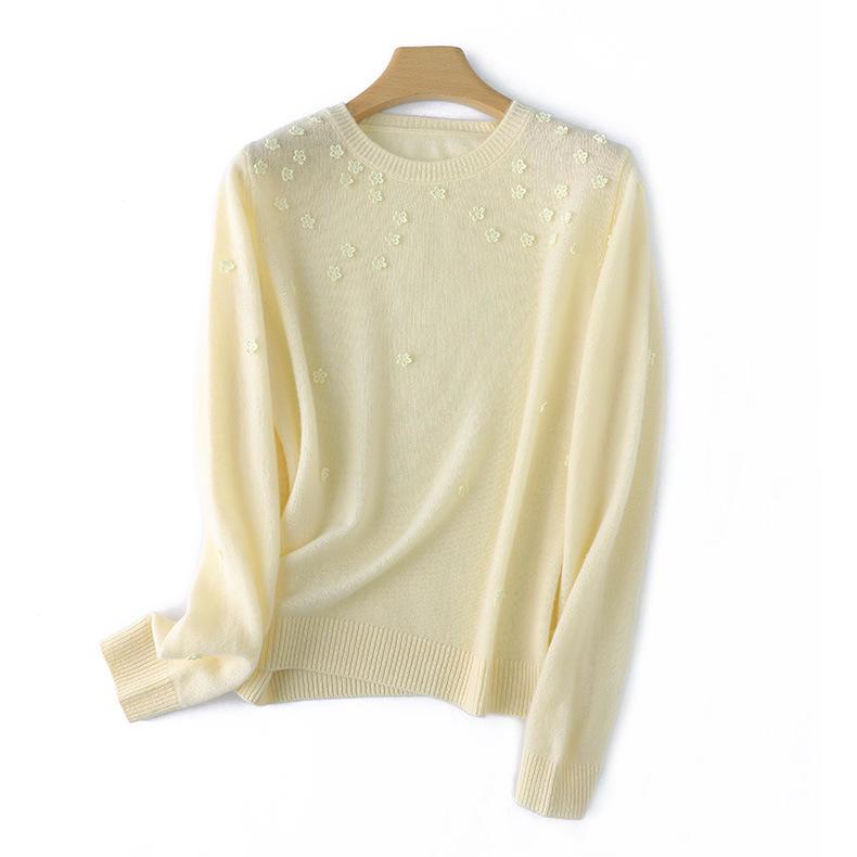 2025 Autumn/Winter Women's Pure Wool Embroidered Round Neck Knitwear Sweater: Long Sleeve, Loose Fit