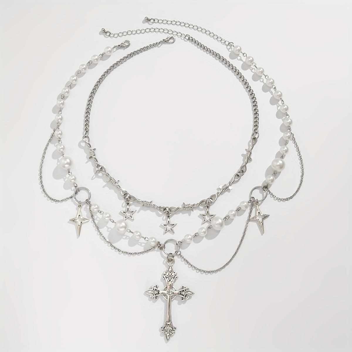 

[Fashion Necklace] 2pcs Men s Fashion Necklace Set | Star Tassel & Cross Pendant, Durable Hypoallergenic Alloy, Imitation Pearl, Ideal Gift for Men, F