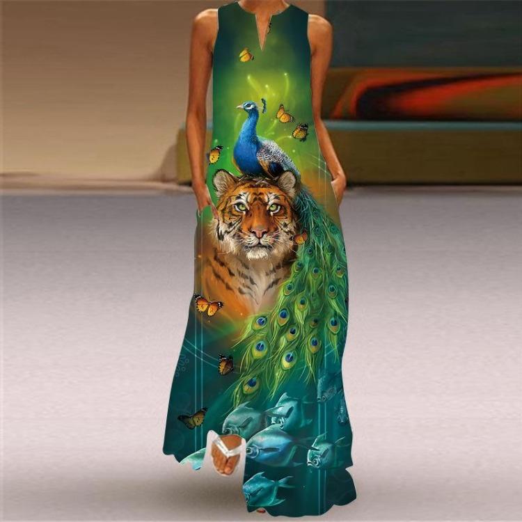 Sleeveless V Neck Retro Printed Multicolor Maxi Dress with Pockets