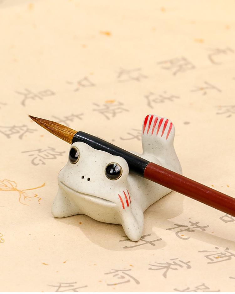 Ceramic Frog Calligraphy Pen Holder and Paperweight Set