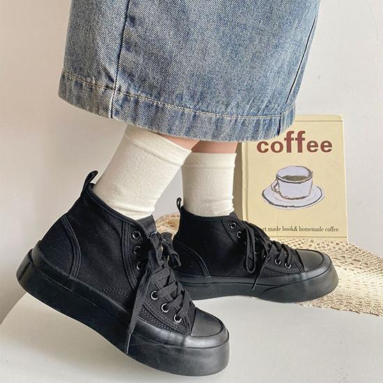 Vysoké plátěné boty pro ženy, retro hongkongské boty se silnou podrážkou, zvýšené boty, korejská verze pro volný čas
