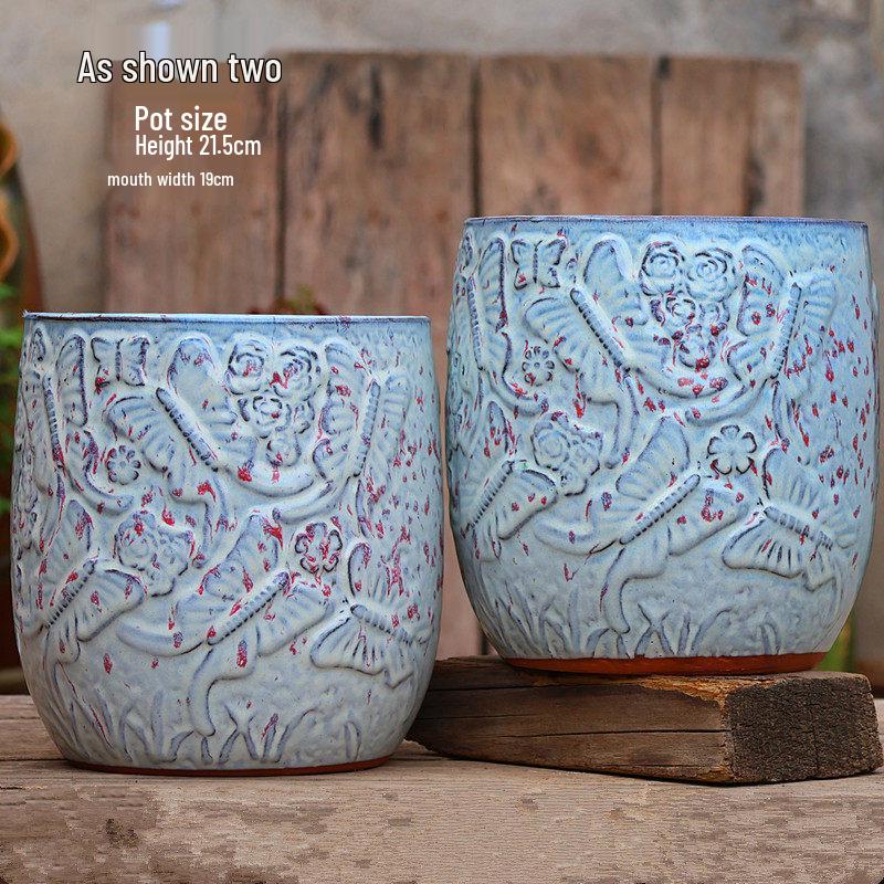 Handmade Embossed Rose Ceramic Succulent Pot, Tall Breathable Coarse Pottery, Large Mouth Plant Pot with Flower Design.