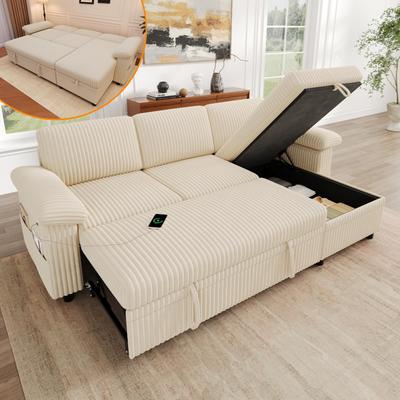 Sofá de Canto em L com Função de Dormir Extraível; Pouf com Armazenamento; Painel de Carregamento USB/Tipo-C; Encosto ajustável; Tecido de Veludo Cotelê, Bege