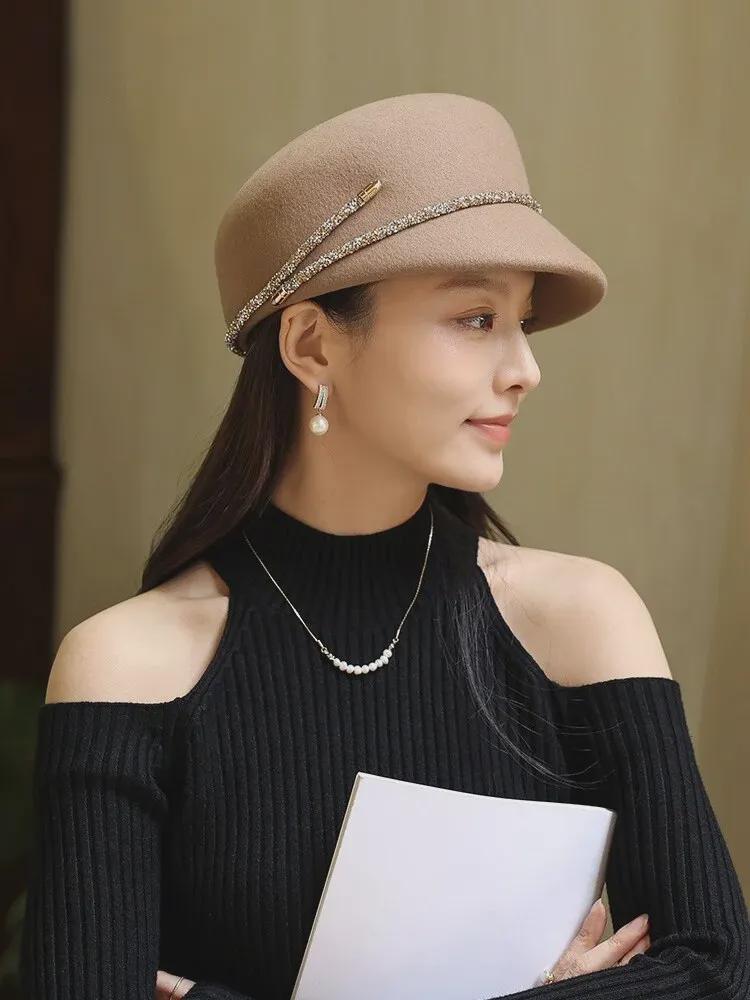 French Retro Wool Felt Women's Octagonal Hat for Autumn and Winter