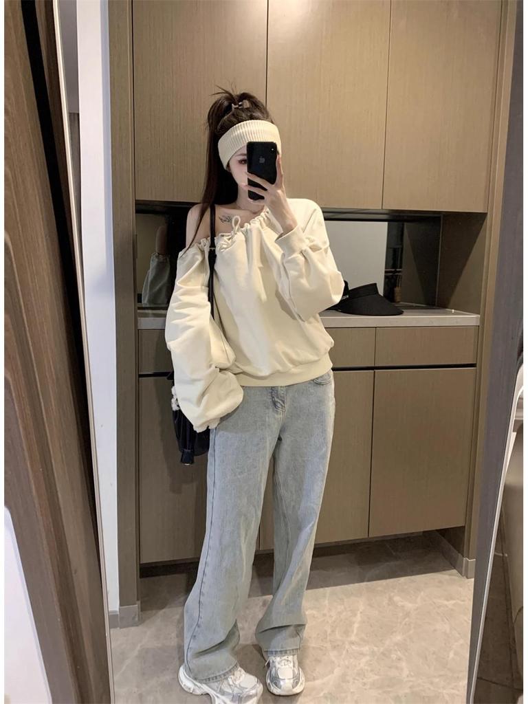 Koreanischer Stil Off-Shoulder Langarm Casual Sweatshirt für Damen - Frühling, Herbst, Winter Trend