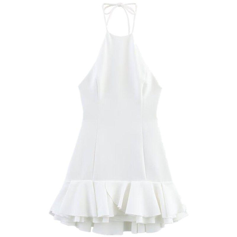 

Western Style 2025 Summer New Women clothes Versatile Laminated Decorative Neck Collar Mini Dress 3560536 White L