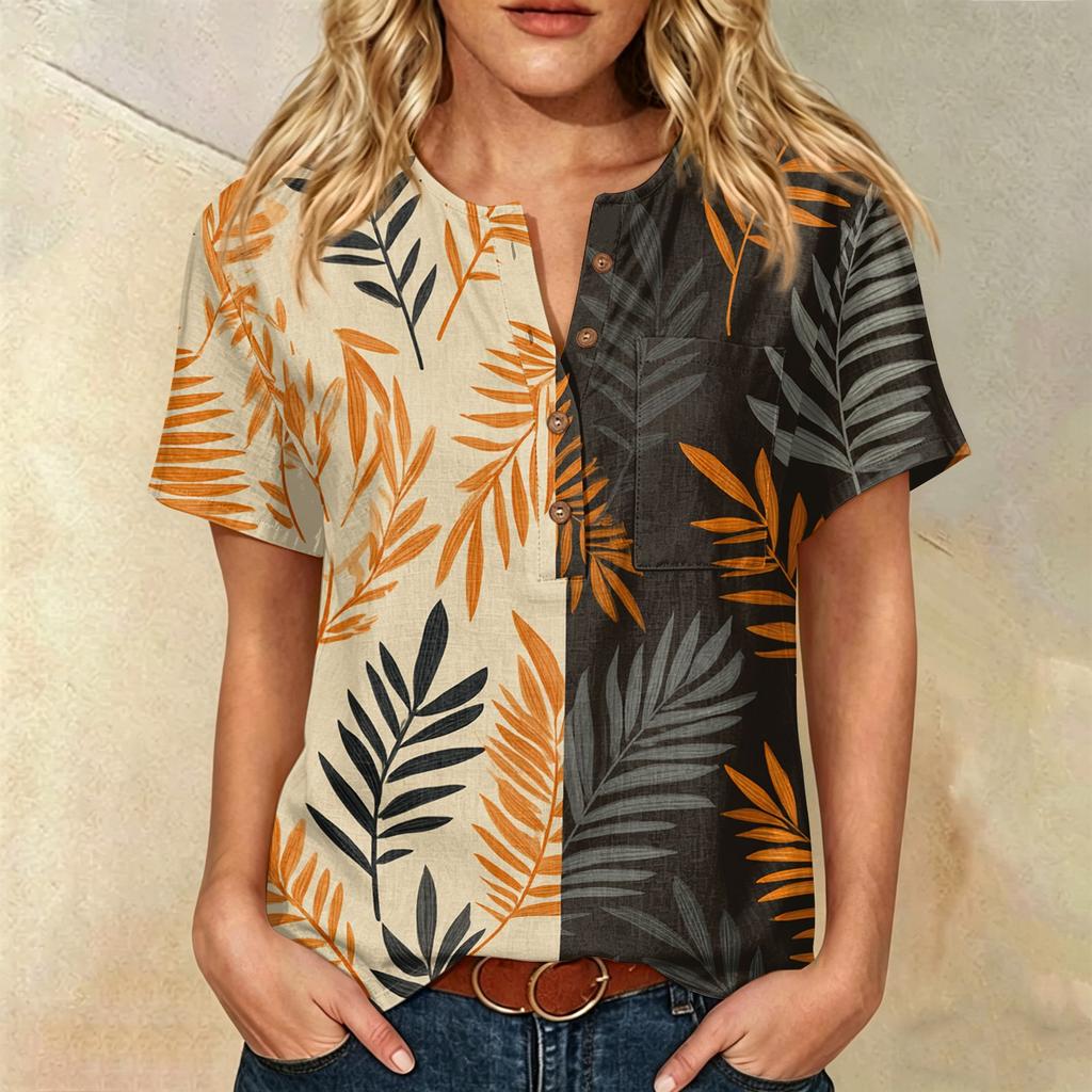 Damen Freizeit Hemd mit Print, Henley-Knopfleiste, kurzen Ärmeln, Baumwoll-Leinen-Mischung und Brusttasche für den Sommerlichen Alltagsgebrauch