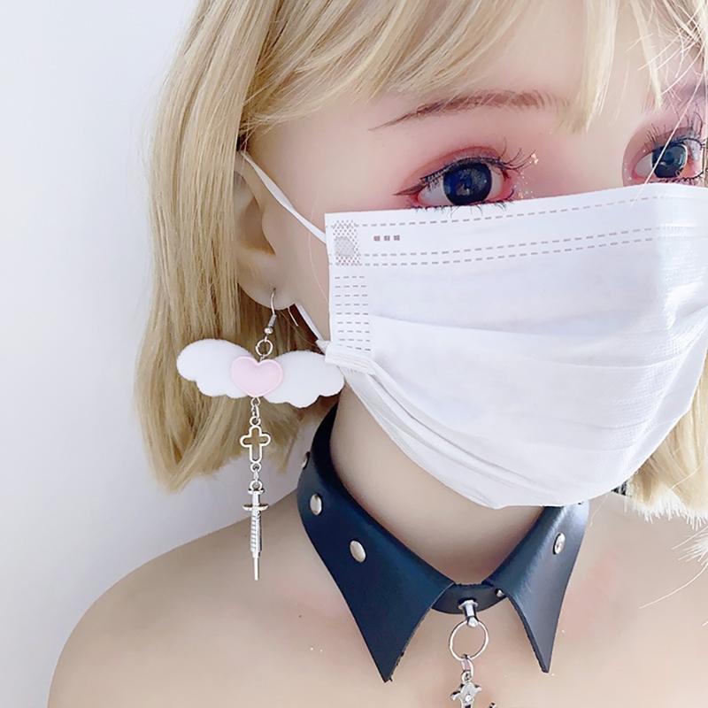 Unique Gothic Earwear Fashion Angel Wing Heart Earrings Y2k Aesthetics Jewelry Crucifix Syringe Ear Hooks/Ear Clips