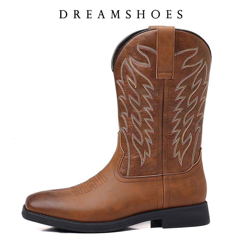 Men Mid-calf Boots Embroidery Retro Handmade Mens Boots Western Cowboy Boot Pointed Toe Boots Hand Stitching Outdoor Men's Shoes