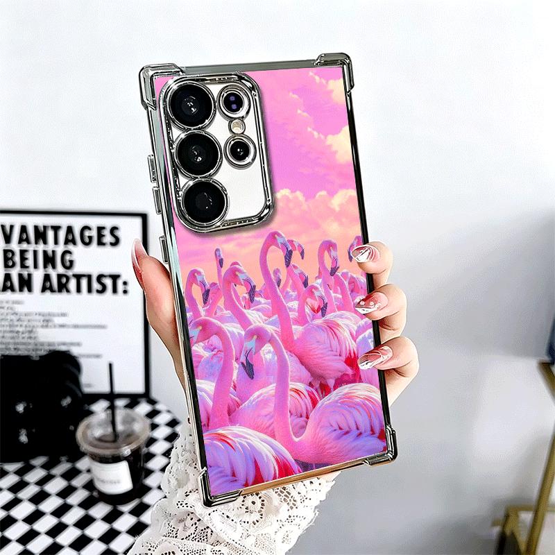 Pink Red Dreamy Flamingo Plating Phone Case For Samsung Galaxy S24 S25 FE S26 Edge S23 Ultra S22 S21 Plus S20 Anti-Fall Airabag