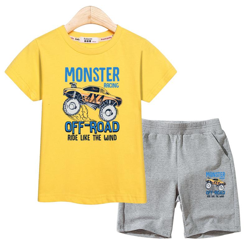 Set Abbigliamento Estivo per Bambini Camicia Monster Truck Pantaloncini Sportivi Costumi a Manica Corta per Bambini Outfit 2 Pezzi