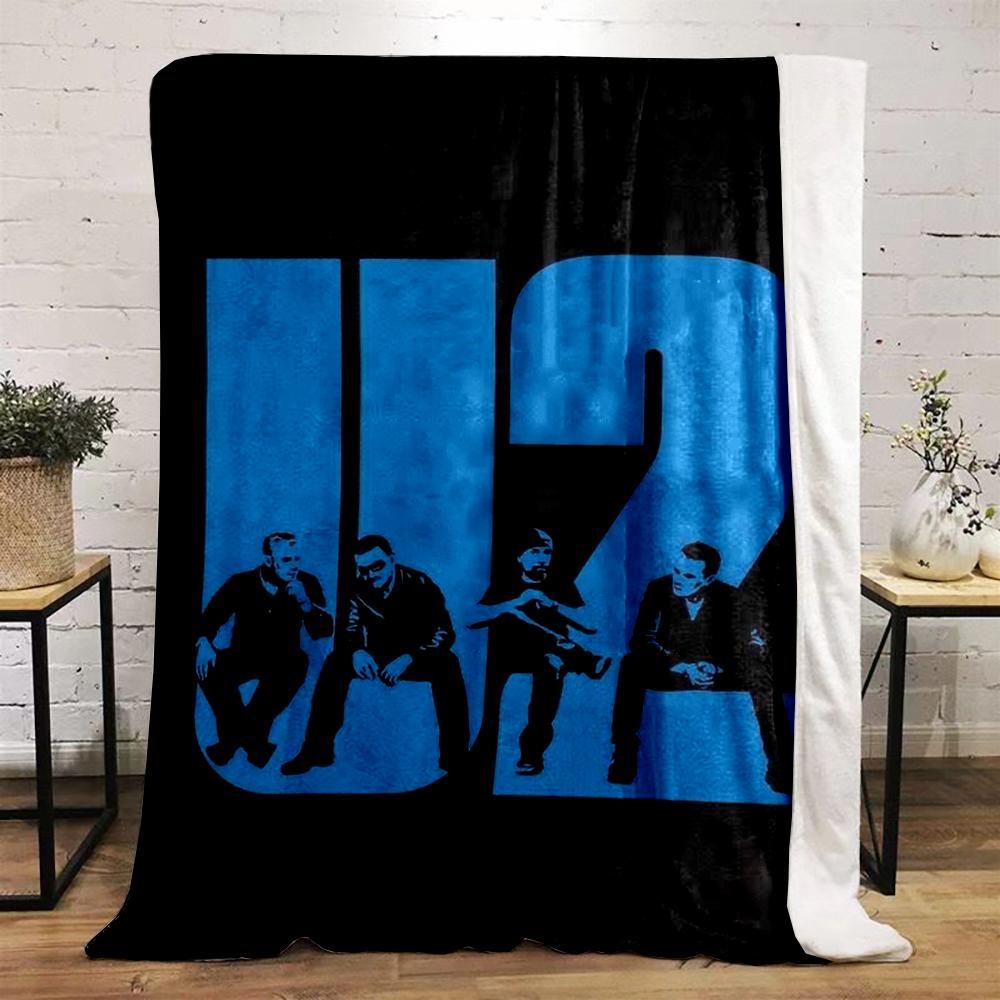 Blue "U2" Band Design on Black Background Flannel blanket for bedroom, living room, sofa, and nap