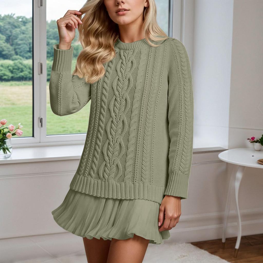 Women's Solid Round Neck  Dough Twists Knitting Chiffon Splicing Sweet Temperament Dress