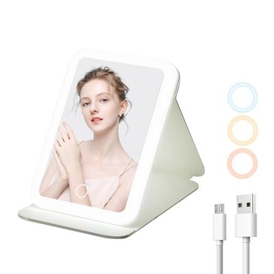 Pokmil Tabletop LED Makeup Mirror with 3 Color Switching Touch Screen 1200mAh USB Rechargeable Portable Foldable Stand Mirror with Adjustable
