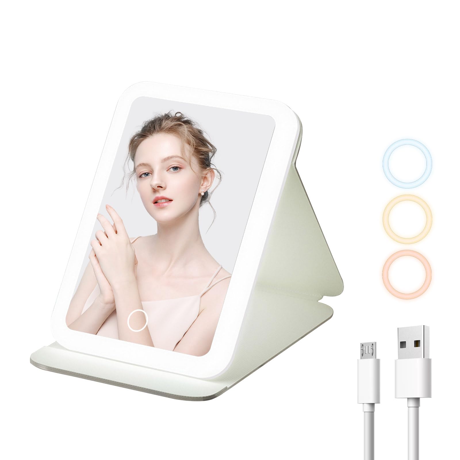 

Настольное светодиодное зеркало для макияжа Pokmil с переключением 3 цветов, сенсорным экраном, аккумулятором 1200 мАч, USB-перезарядкой, портативное, складное, с регулируемой подставкой белый